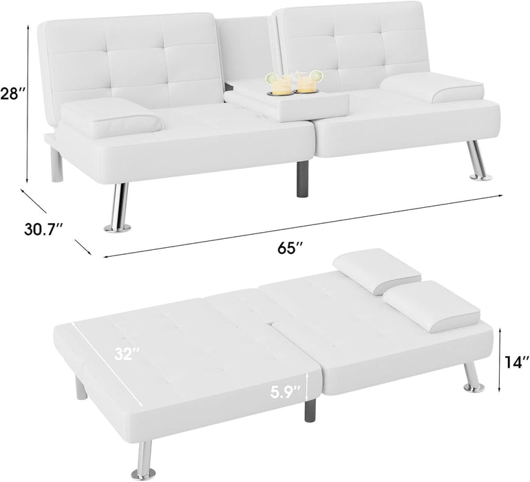 Futon Sofa Bed Modern Folding Futon Set PU Leather Convertible Recliner Lounge for Living Room with 2 Cup Holders, Removable Armrests (PU Leather, White)