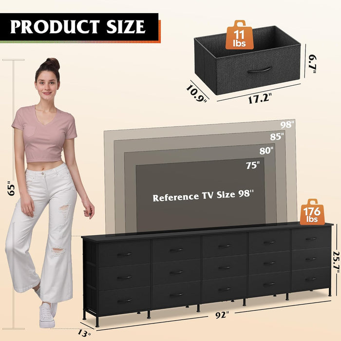 92 Inch Dresser TV Stand for 98 Inch TV, 15 Drawer Dresser, Black