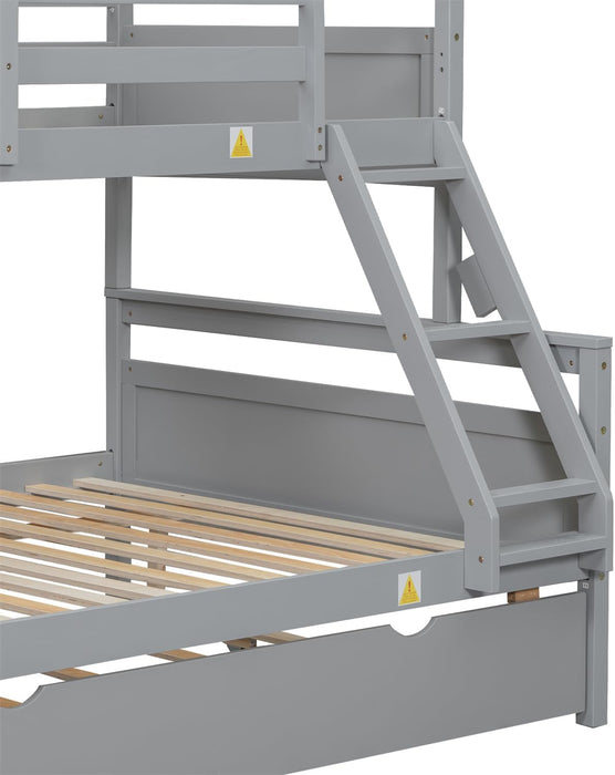 Trundle Bunk Bed, Twin over Full Wood Bunk Bed with Twin Size Trundle, Solid Wood Bunk Bed Frame with Guardrail and Ladder, Grey