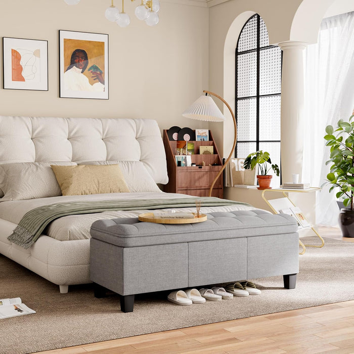 47 Inches Ottoman with Storage, Storage Bench with Legs, Ottomans for Living Room, Entryway, Adjustable & Movable, Easy Assembly, Linen Fabric Light Gray