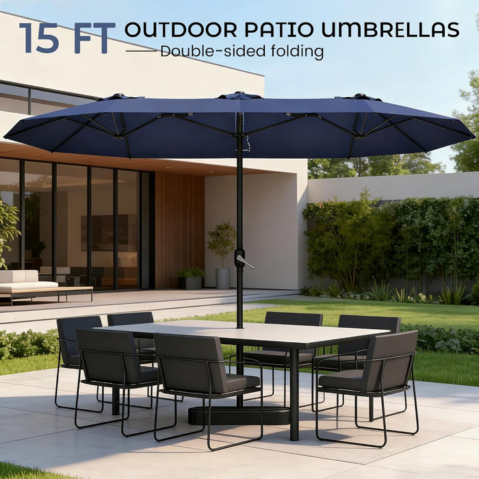 15Ft Patio Umbrella with Base,Large Outdoor Double-Sided Rectangle Umbrella with Crank Handle, Market Umbrella for Poolside Garden Deck Backyard Beach Pools, Navy Blue