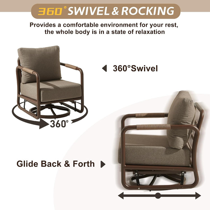 3 Piece Patio Outdoor Aluminum Swivel Rocking Chair with Coffee Table and 6.7" Thickened Cushions, All Weather Outdoor Furniture Chairs for Garden, Poolside, Deck-Brown