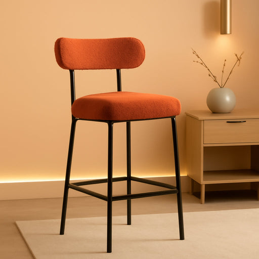 Bar Stools, 30 Inch Tall Bar Stools Set of 3, Boucle Upholstered Counter Height Bar Stools, Modern Bar Chairs Metal Frame with Back and Footrest for Kitchen Island,Orange Barstools