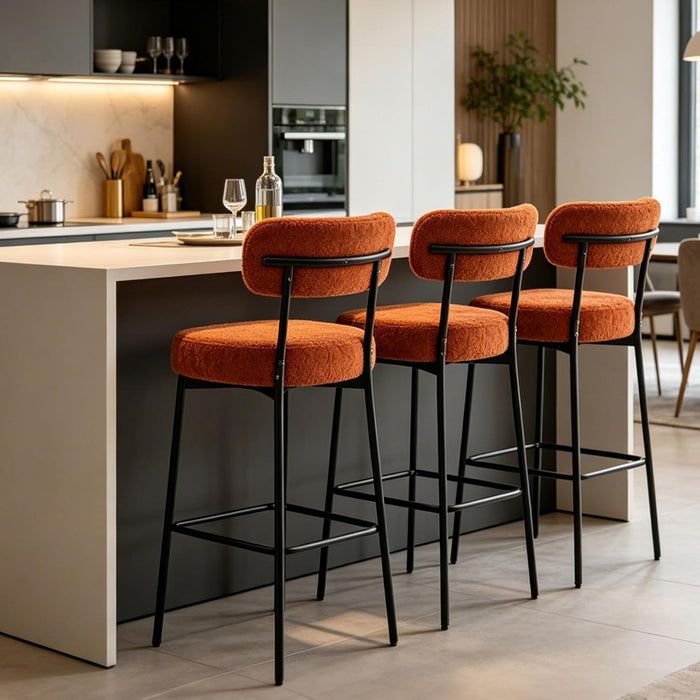 Bar Stools, 30 Inch Tall Bar Stools Set of 3, Boucle Upholstered Counter Height Bar Stools, Modern Bar Chairs Metal Frame with Back and Footrest for Kitchen Island,Orange Barstools