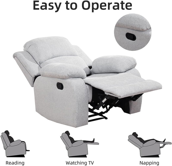 Manual Reclining Couch Sofa Set with Drop-Down Table, 3 Pieces Grey White Linen Recliner Couch Sets, Living Room Furniture Sets, Recliner Sofa with Storage Console/Cup Holder for Home