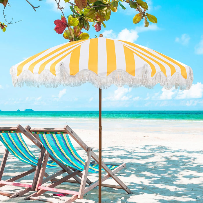 6.5FT Outdoor Patio Umbrella with Fringe, Boho Beach Umbrella | UV Protection | Tilt & Adjustable Height | Portable 2-Piece Aluminum Pole | Perfect for Pool, Garden, Party & Beach