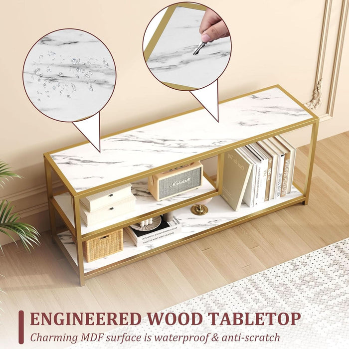 TV Stand for Tvs up to 55 Inch, 3 Tier Entertainment Center, Media Console with Open Storage Shelves for Living Room Bedroom, 47” Modern TV Table with Faux Marble Top Gold Metal Leg