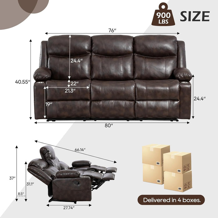 Reclining Sofa - 3 Seater Manual Recliner with Massage and Heat, Cup Holders, Loveseat Recliner Couch for Living Room(Brown)