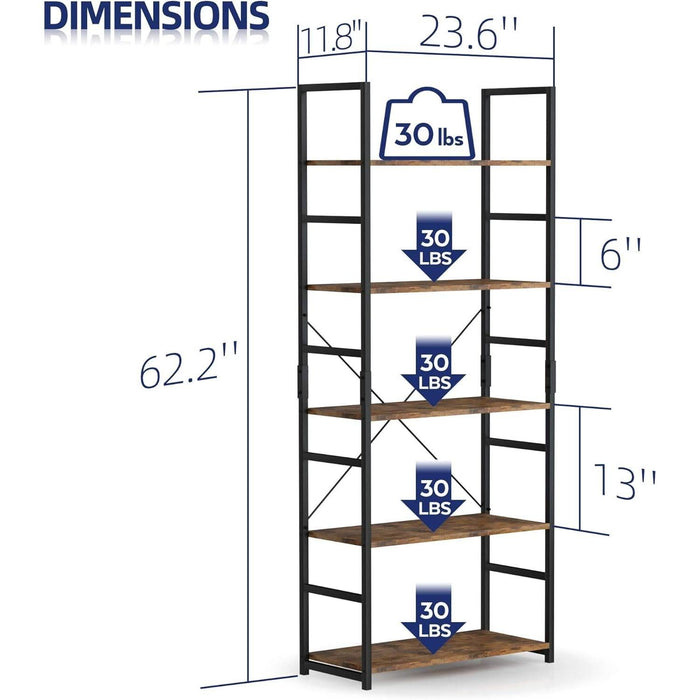 NUMENN 5 Tier Bookshelf, Tall Bookcase Shelf Storage Organizer, Modern Book Shelf for Bedroom, Living Room and Home Office, Vintage