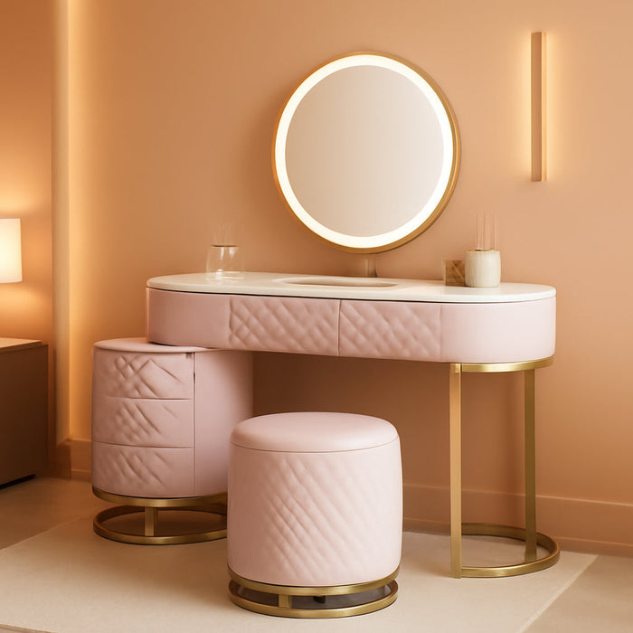 Faux Leather Makeup Vanity Desk Set with LED Lighted Mirror Luxury Dressing Makeup Table with Storage Drawers & Vanity Stool, Pink