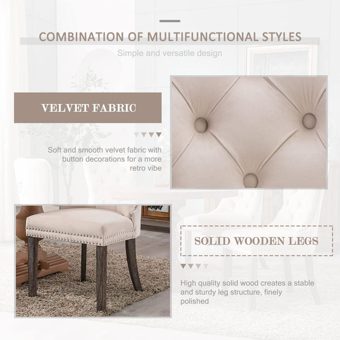 Velvet Dining Chairs Set of 6, Tufted Dining Room Chairs with Nailhead Ring Pull Trim, Upholstered Dining Chairs with Solid Wood Legs for Kitchen Dining Room (Beige)