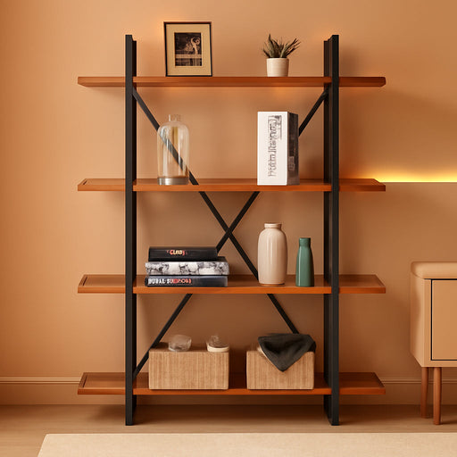 HSH 4 Tier Natural Real Wood Bookshelf, 4 Shelf Rustic Solid Wooden and Metal Bookcase, Farmhouse Open Vintage Industrial Etagere Book Shelf for Office Living Room Bedroom Storage, Distressed Brown