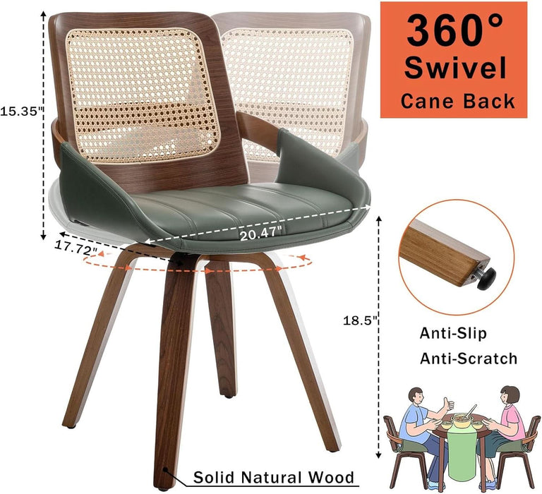 Set of 4 Green Rattan Dining Chairs - Mid Century Modern Dining Chairs with Walnut Bentwood Frame, Ergonomic Rattan Back, Curved Arms, Versatile for Living Room/Conference/Kitchen (Walnut Green)