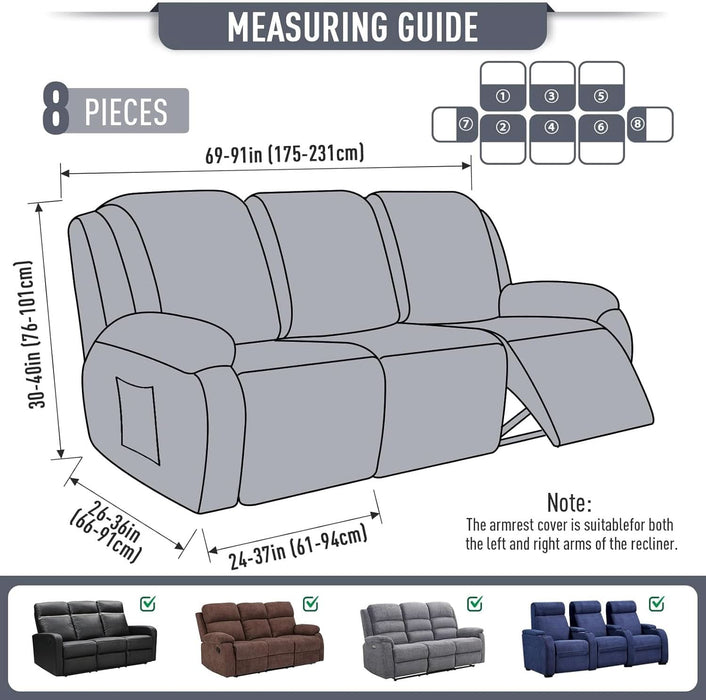 Recliner Sofa Covers 8-Pieces Stretch Large Couch Covers for 3 Seats Reclining Slipcovers Soft Jacquard Pattern Furniture Protector (Grey)