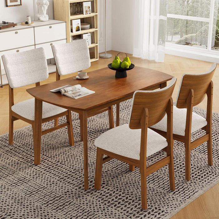 5 Piece Solid Wood Dining Table Set, Farmhouse Mid-Century Modern Table & 4 Upholstered Chairs for Home, Kitchen, Apartment, Space Saving, Brown+Biege