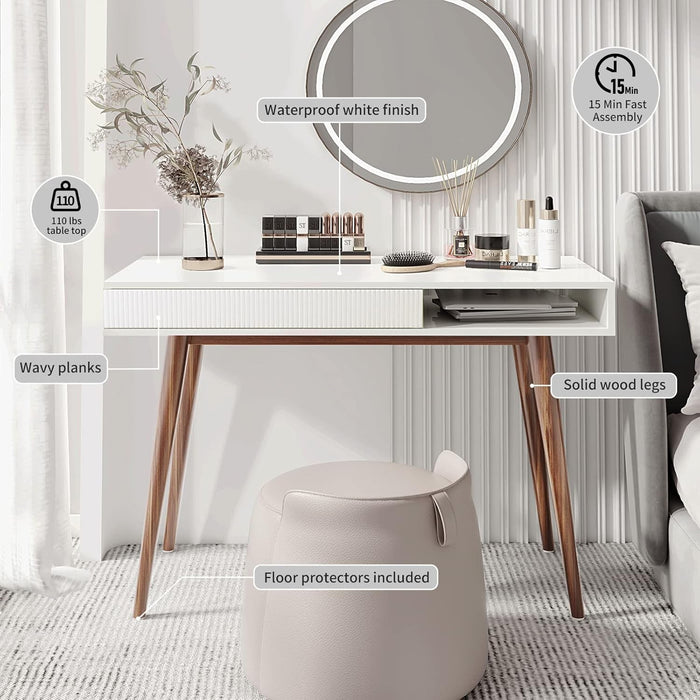 White Writing Desk with Drawers Mid Century Modern Desk, Wood Office Desk Computer Desk Vanity Desk for Small Space, White Desk with Walnut Legs