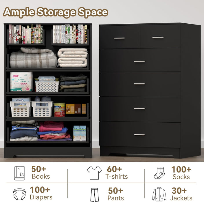 Black Contemporary Six Drawer Dresser With Outlets