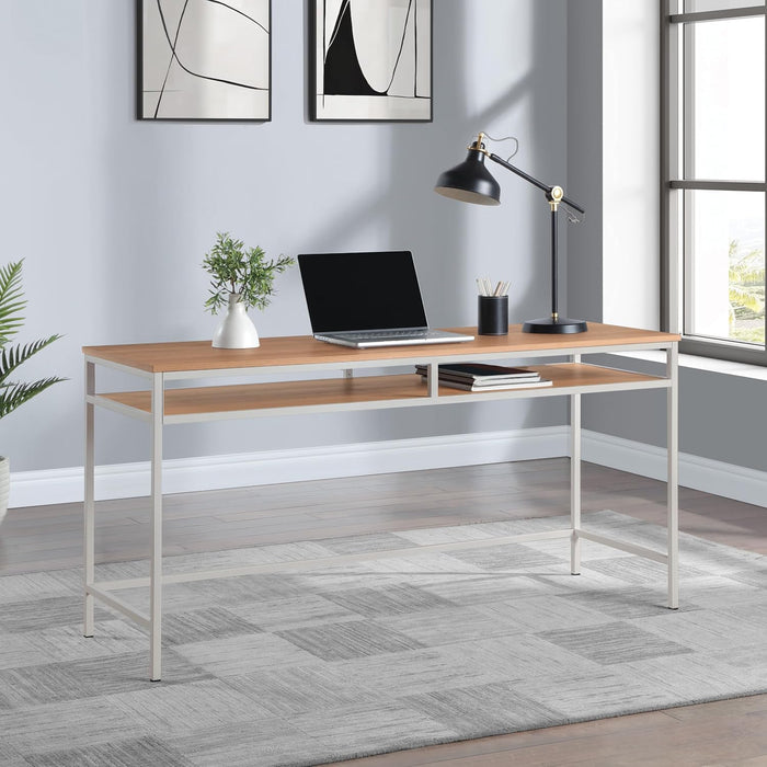 Modern 60-Inch Woodgrain Top Multipurpose Desk Table, Taupe Metal Frame with Oak Top Finish