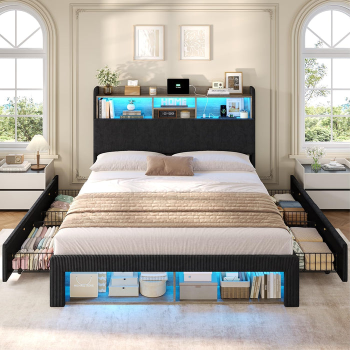 Queen Bed Frame with 4 Storage Drawers, 2 Footboard Cubbies and RGB Lights, Corduroy Upholstered Platform Bed with Charging Station and Storage Headboard, No Box Spring Needed, Black