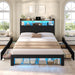 Queen Bed Frame with 4 Storage Drawers, 2 Footboard Cubbies and RGB Lights, Corduroy Upholstered Platform Bed with Charging Station and Storage Headboard, No Box Spring Needed, Black