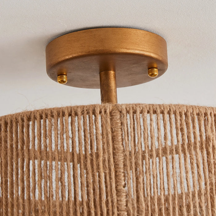 15.4" Boho Hemp Rope Semi-Flush Mount Retro Gold Ceiling Lights Fixture