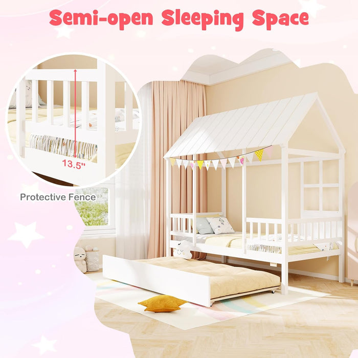 Twin House Bed with Trundle Bed Twin, Wooden Montessori Bed Frame with Roof & Safety Guardrail for Kids, Teens, Boys or Girls, No Box Spring Needed (White)