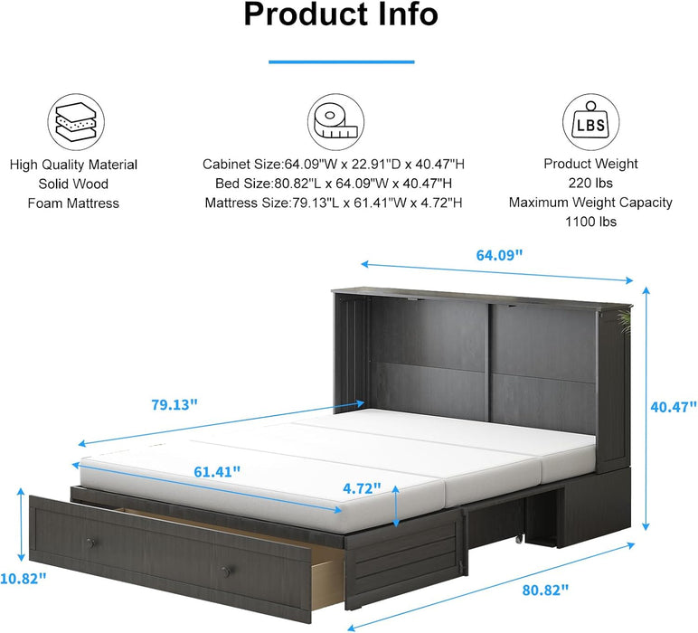 Queen Murphy Bed Cabinet SpaceSavingDesign USB Charging