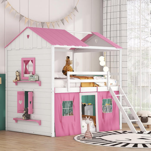 FullSizeFurniture Wooden Bunk Bed Pink PlayhouseStructure