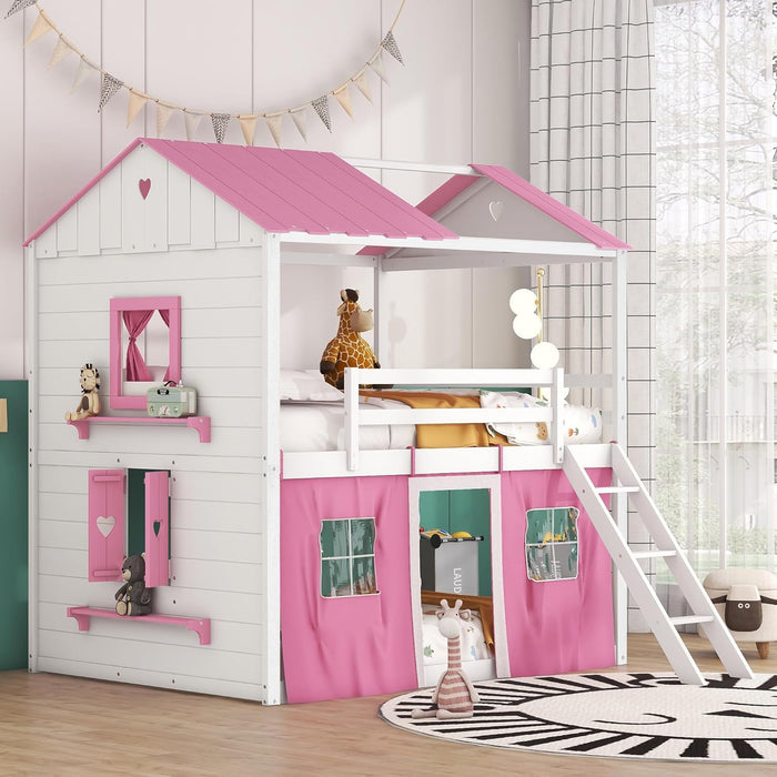 FullSizeFurniture Wooden Bunk Bed Pink PlayhouseStructure