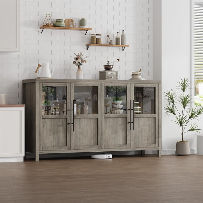 55” Large Buffet Cabinet with Storage, Sideboard Buffet Cabinet with Glass Doors, Modern Farmhouse Storage Cabinet Table for Kitchen Dining Room, Living Room (Grey, Glass with 4 Doors)