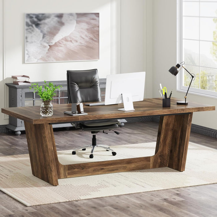 70.87-Inch Executive Computer Desk: Large Home Office Desk with Solid Wooden Pedestal, Industrial Wood Study Writing Table, Workstation Business Furniture, Brown