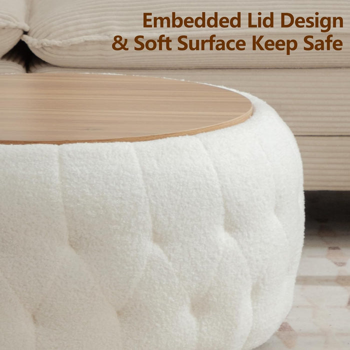 Large round Storage Ottoman Coffee Table with Wooden Tabletop, 30.5 Inches Teddy Fleece Tufted Ottoman for Living Room, Bedroom, Apartments, White