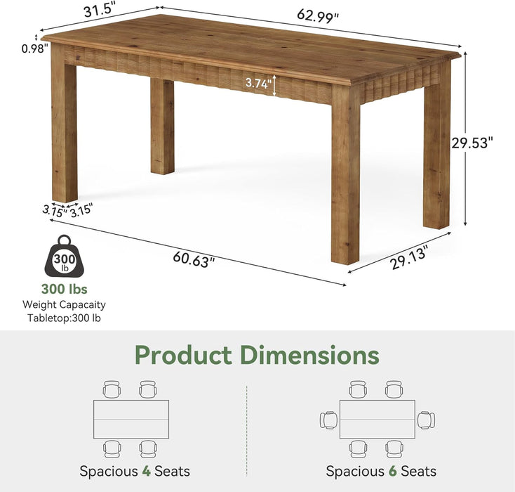 63-Inch Solid Wood Dining Table for 6, Farmhouse Kitchen Table with Heavy Duty Legs, Rectangular Wood Dinner Table for Dining Room, Living Room, Dark Brown
