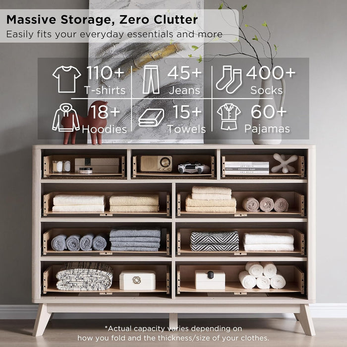 Fluted 9 Drawers Dresser, 54" Wide Modern Chest of Drawers, Curved Profile Design, Dresser TV Stand, Wood Drawer Organizer for Bedroom, Living Room, Hallway, White Alder