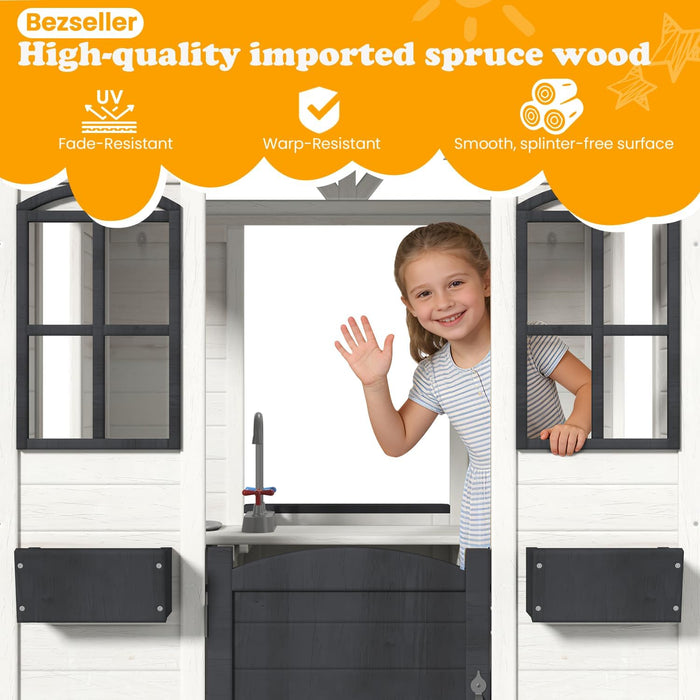 Outdoor Weatherproof Wooden Playhouse White Kitchen