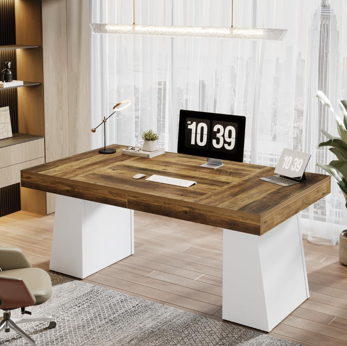 55-Inch Executive Desk, Large Wood Office Computer Desk with Double Pedestal, Modern Minimalist Workstations Writing Table Conference Table Furniture for Home Office, Brown&White