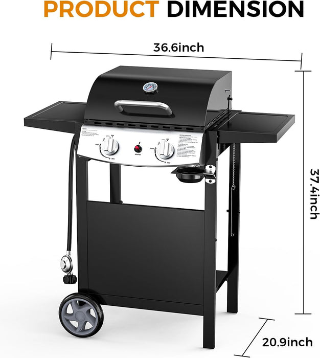 2-Burner Propane Gas BBQ Grill, 20,000 BTU Stainless Steel Grill with Side Shelves and Wheels, Portable Outdoor Grill for Patio, Backyard, Garden, or Camping Cooking