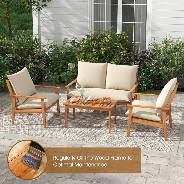 4 Pieces Patio Furniture Set, Outdoor Acacia Wood Conversation Set with Soft Cushions and Coffee Table, Outdoor Sectional Sofa Set for Lawn, Garden, Backyard and Poolside (1, Natural)