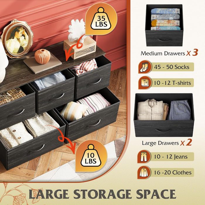 Dresser for Bedroom with 5 Drawers, Wide Chest of Drawers, Fabric Dresser, Storage Organizer Unit with Fabric Bins for Closet, Living Room, Hallway, Charcoal Black Wood Grain Print