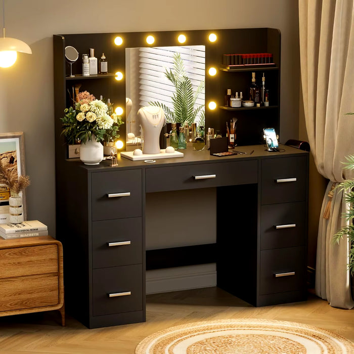 Vanity Desk with LED Lighted Mirror&Power Outlet, 3 Model Lights Makeup Vanity Table with 7 Drawers and 6 Storage Shelves