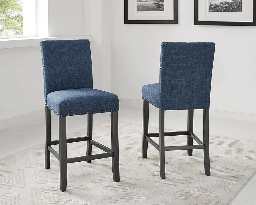 Collection Biony Espresso Wood Counter Height Dining Set with Blue Fabric Nailhead Stools,