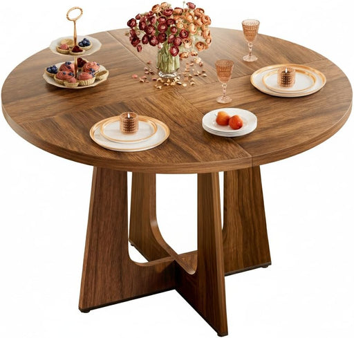 47" round Dining Table for 4-6, Farmhouse Wood Kitchen Table, Mid-Century Wooden Circle Dinner Room Table Easy Assembly for Dining Room, Kitchen, Living Room (Brown)