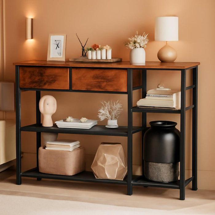 44'' Entryway Table, Industrial Console Sofa Table with Metal Mesh Storage Shelves, Shoe Rack Display Shelf for Front Door, Couch, Kitchen, Fabric Drawers, Rustic Brown