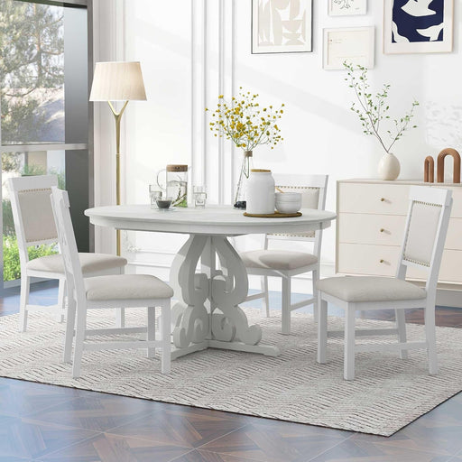 round Solid Wood Dining Table Set for 4, Farmhouse Kitchen Table Set with 4 Upholstered Chairs, 5-Piece Table and Chairs Set for Kitchen, Dining Room, Living Room, Antique White