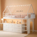 Twin Size Loft Bed for Kids, 8 Storage Drawers & LED Lights, House Shaped Metal Bed with Bookcase, Soft Foam Ladder, 13.4" Safety Guardrail, Space Saving, Fun Curtain