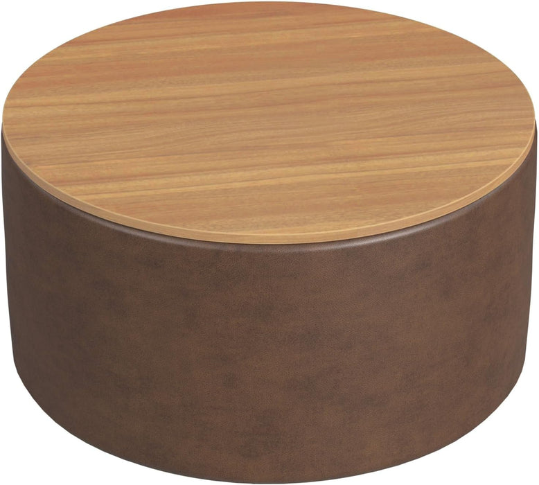 Modern Fabric Storage Ottoman with Wood Top - Faux Brown Leather