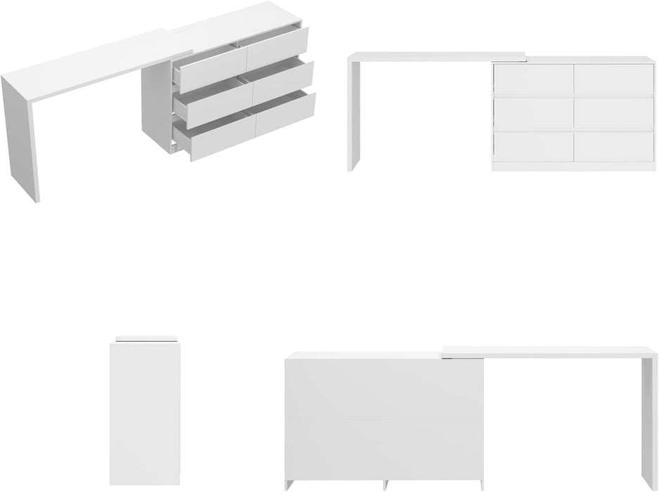 6 Drawer Dresser with Rotatable Tabletop, Modern Chest of Drawers with Extendable Desk (No More than 98" W), Drawer Organizer for Bedroom Home Office, White Dresser