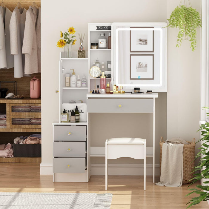 White Makeup Vanity Desk with Lighted Mirror and Drawers