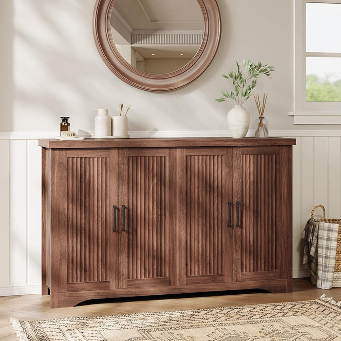 55" Fluted Sideboard Buffet Cabinet with Storage,Walnut | Modern Credenza with 4 Doors & Adjustable Shelves,Coffee Bar Table Console for Dining Room Kitchen Living Room Entryway