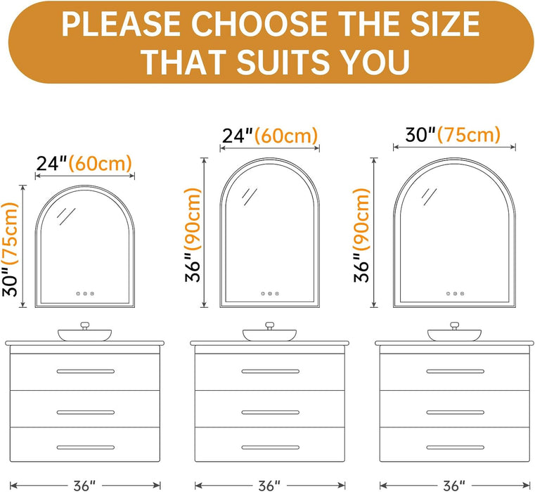 24"X36" Arched LED Lighted Bathroom Mirror with Lights